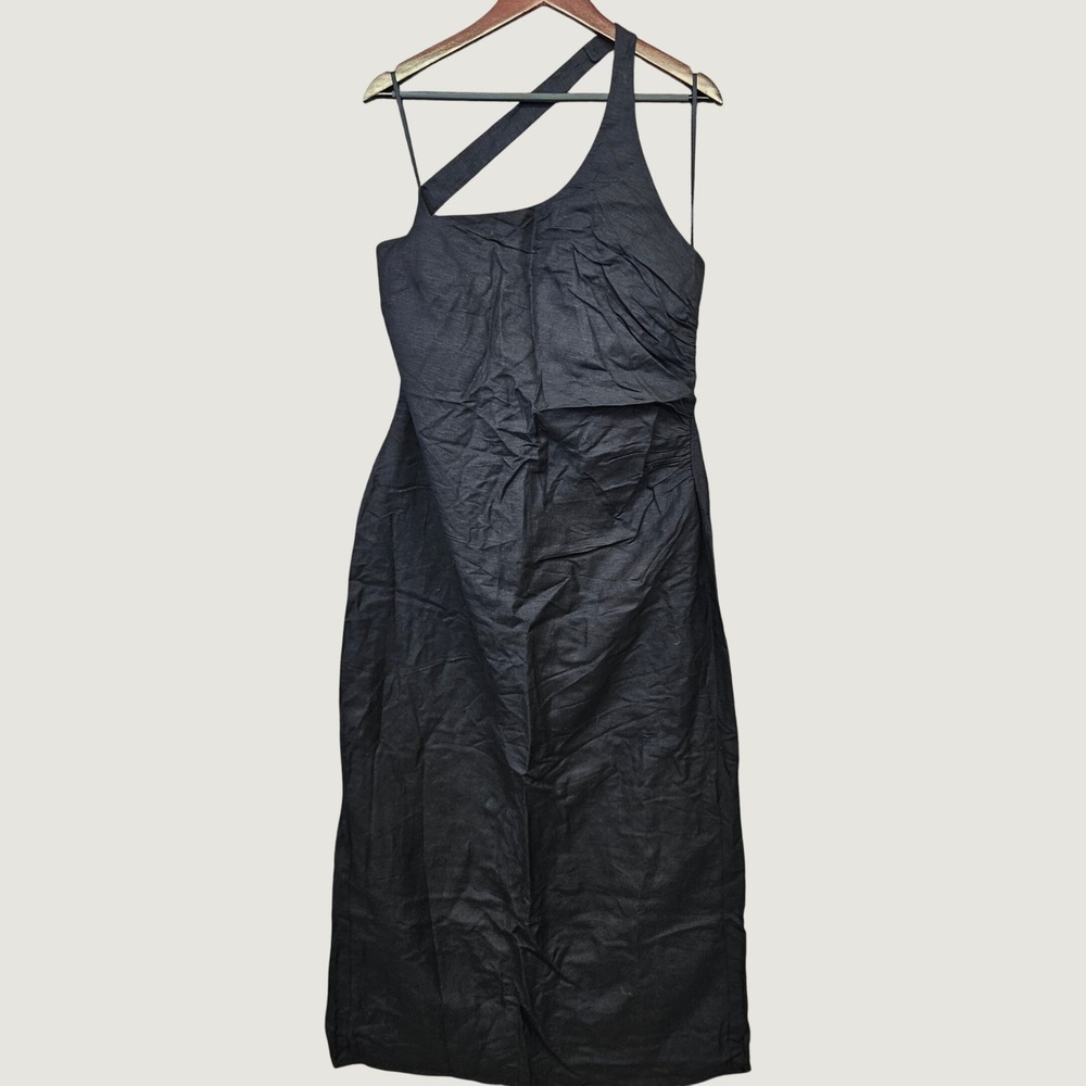 Oak + Fort Midi Dress Womens XL Black NEW Asymmetrical Linen Blend DR-12297-W